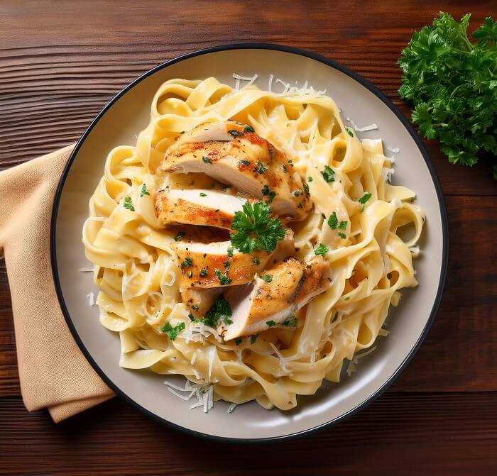 Plate of creamy chicken Alfredo pasta with tender grilled chicken, smothered in rich Alfredo sauce and garnished with Parmesan.