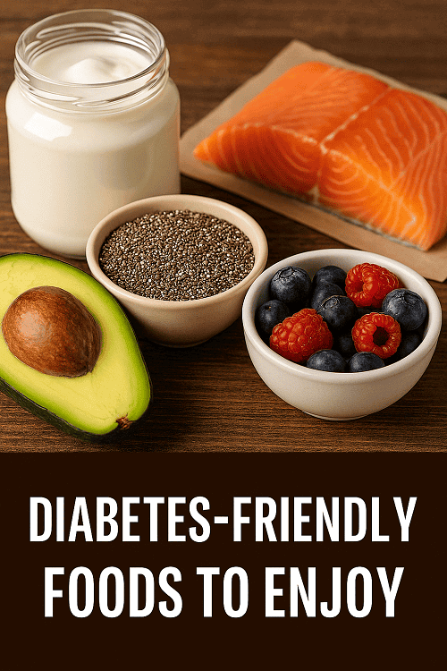 Colorful assortment of diabetes-friendly foods, including berries, leafy greens, and whole grains, showcasing nutritious options for blood sugar management