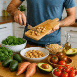 A person preparing a diabetes-friendly meal in a well-lit kitchen, surrounded by colorful vegetables, whole grains, and healthy ingredients like leafy greens, tomatoes, and lean protein. The kitchen countertop features diabetes-friendly ingredients such as avocados, sweet potatoes, and whole grains, symbolizing health and vitality.
