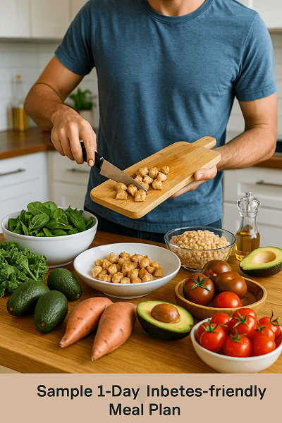 A person preparing a diabetes-friendly meal in a well-lit kitchen, surrounded by colorful vegetables, whole grains, and healthy ingredients like leafy greens, tomatoes, and lean protein. The kitchen countertop features diabetes-friendly ingredients such as avocados, sweet potatoes, and whole grains, symbolizing health and vitality.