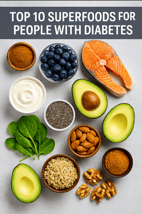 Top 10 superfoods for diabetes with a focus on nutrient-dense foods like chia seeds, cinnamon, and berries to manage blood sugar and improve health.