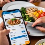 A person at a restaurant using a smartphone to check nutritional information with a carb-counting app, while enjoying a meal with grilled chicken, vegetables, and quinoa, highlighting carb tracking for diabetes management.