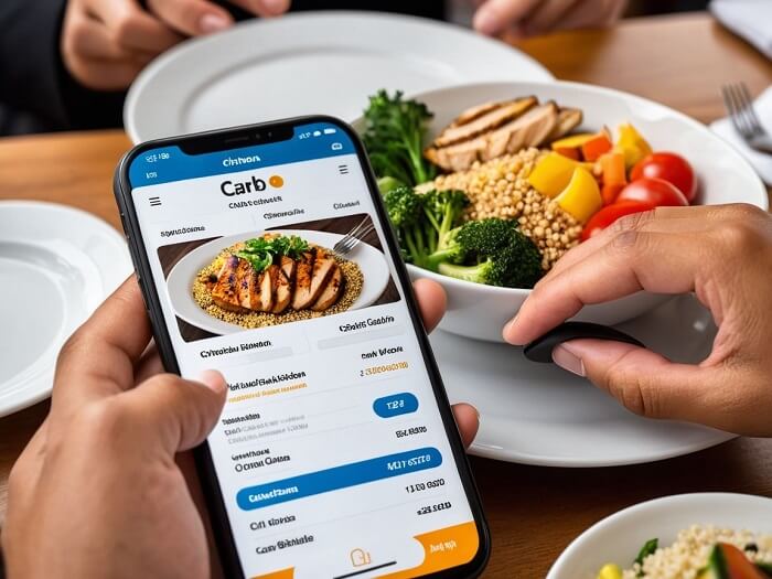 A person at a restaurant using a smartphone to check nutritional information with a carb-counting app, while enjoying a meal with grilled chicken, vegetables, and quinoa, highlighting carb tracking for diabetes management.