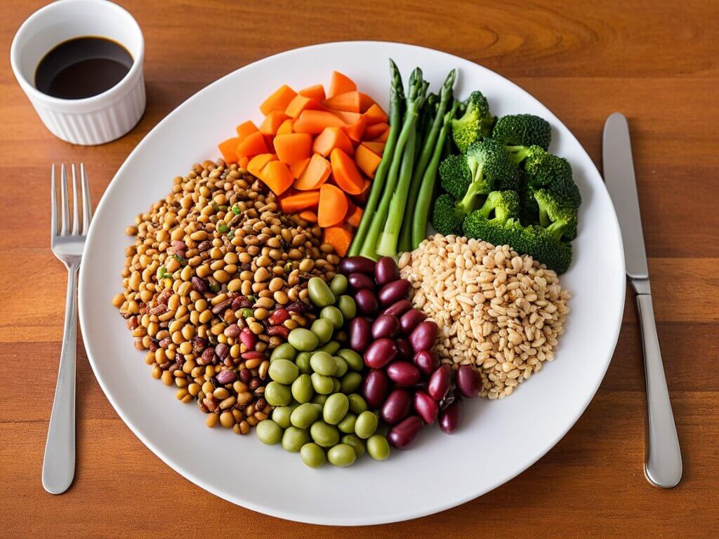 A balanced diabetic meal with half the plate filled with non-starchy vegetables, a quarter with lean protein, and a quarter with whole grains, demonstrating the Diabetes Plate Method for managing carbs.