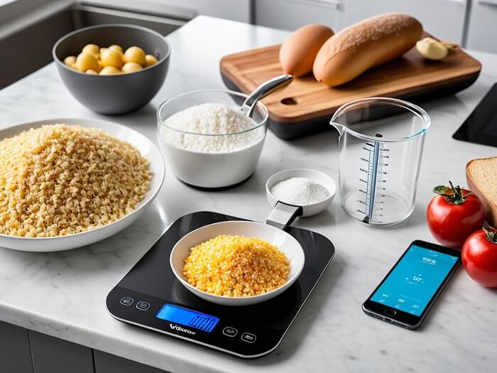 A modern kitchen with a person using a food scale and measuring cups to count carbs, surrounded by tools like a tablet or notebook for tracking, representing carb counting for diabetes management.