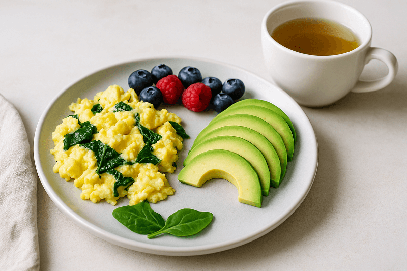 Healthy breakfast plate with scrambled eggs and spinach, fresh avocado slices, mixed berries (blueberries and raspberries), spinach leaves, and a cup of green tea.