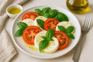 Caprese salad with fresh mozzarella slices, ripe tomatoes, and basil leaves, drizzled with olive oil and seasoned with black pepper.