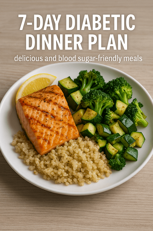 A white plate filled with a balanced diabetic-friendly meal consisting of grilled salmon, roasted zucchini and broccoli, and a serving of quinoa. A lemon wedge rests beside the salmon. The plate is placed on a light wooden surface. Overlaid text reads: "7-Day Diabetic Dinner Plan – delicious and blood sugar–friendly meals.