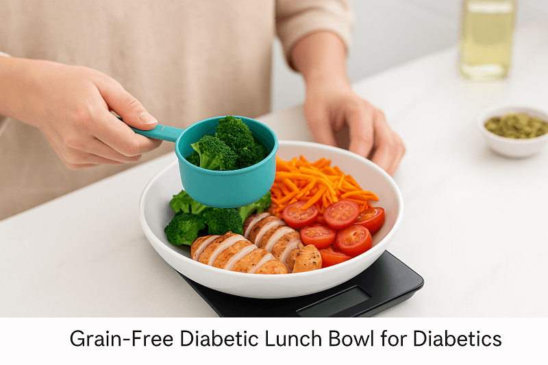 A person adding a measuring cup of broccoli to a grain-free diabetic lunch bowl containing grilled chicken slices, cherry tomatoes, and shredded carrots, placed on a digital scale.