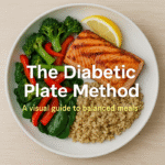 A balanced diabetic-friendly meal arranged on a white plate, featuring grilled salmon, cooked quinoa, steamed broccoli, red bell pepper slices, and fresh spinach leaves. A lemon wedge is placed beside the salmon. Overlaid text reads: "The Diabetic Plate Method – A visual guide to balanced meals." The plate sits on a light wooden surface, offering a clean and appealing visual.