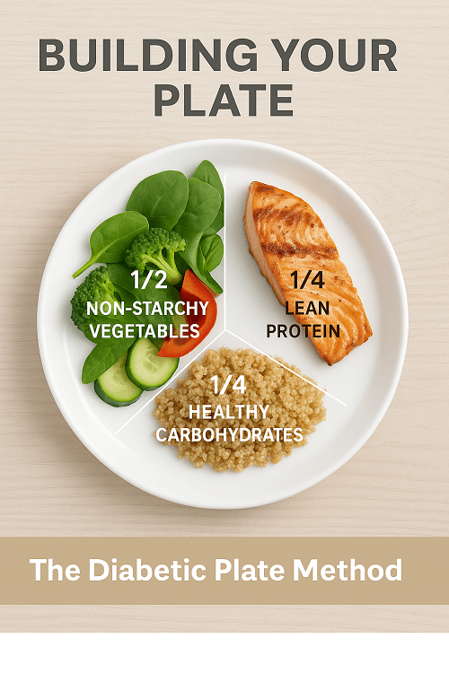 A labeled white dinner plate visually demonstrates The Diabetic Plate Method. The plate is divided into three sections: half filled with non-starchy vegetables (spinach, broccoli, red pepper, cucumber), one-quarter with lean protein (grilled salmon), and one-quarter with healthy carbohydrates (quinoa). Above the plate is the title “Building Your Plate,” and below it is the caption “The Diabetic Plate Method.” The plate rests on a light wooden surface.