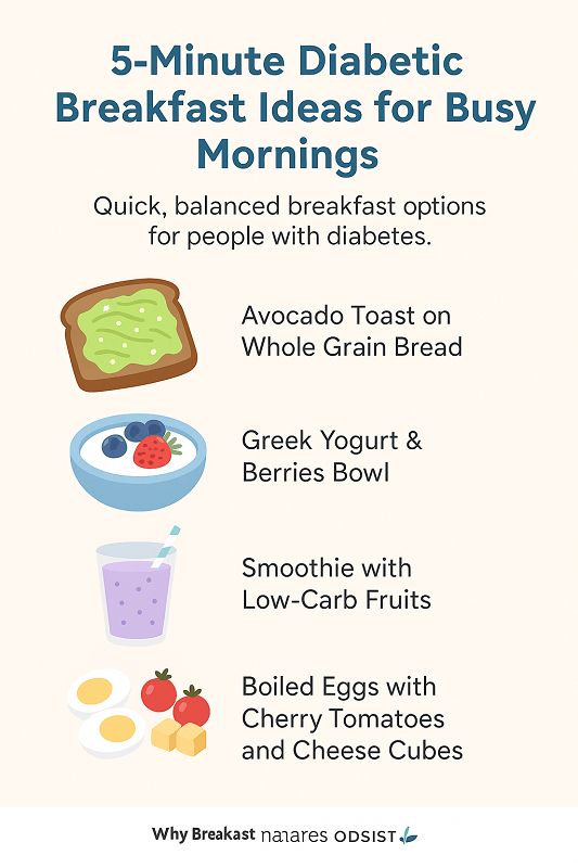 A flat-style digital illustration infographic titled "5-Minute Diabetic Breakfast Ideas for Busy Mornings" featuring colorful breakfast items such as avocado toast, Greek yogurt with berries, boiled eggs, and a smoothie. Each item is labeled with ingredients and icons representing healthy fats, protein, and low-glycemic carbs. The layout emphasizes quick preparation and blood sugar-friendly nutrition.