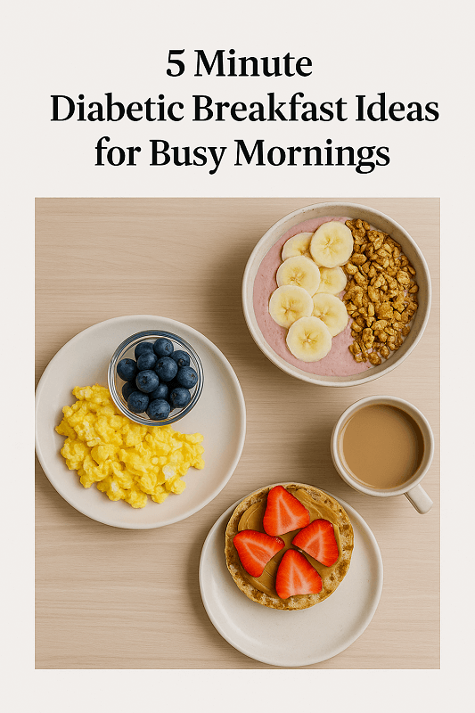 Three diabetic-friendly breakfast dishes arranged on a light wooden table, including scrambled eggs with blueberries, a smoothie bowl topped with banana slices and granola, and a toasted English muffin with peanut butter and sliced strawberries, accompanied by a mug of coffee.