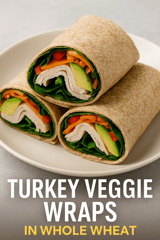 Close-up of three turkey veggie wraps in whole wheat tortillas on a white plate, filled with lean turkey slices, avocado, spinach, carrots, and red bell peppers, arranged neatly and cut to display the colorful, healthy ingredients.