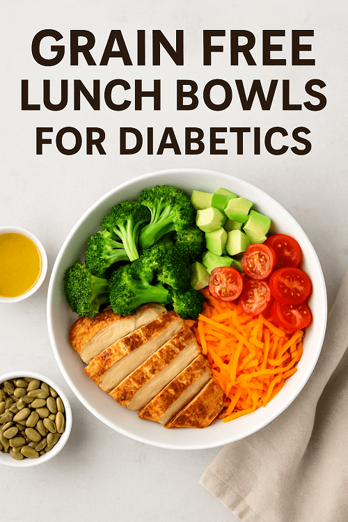 Grain-free diabetic lunch bowl featuring grilled chicken, broccoli, avocado, cherry tomatoes, and shredded carrots in a white bowl, served with pumpkin seeds and a small dish of dressing on a light background.