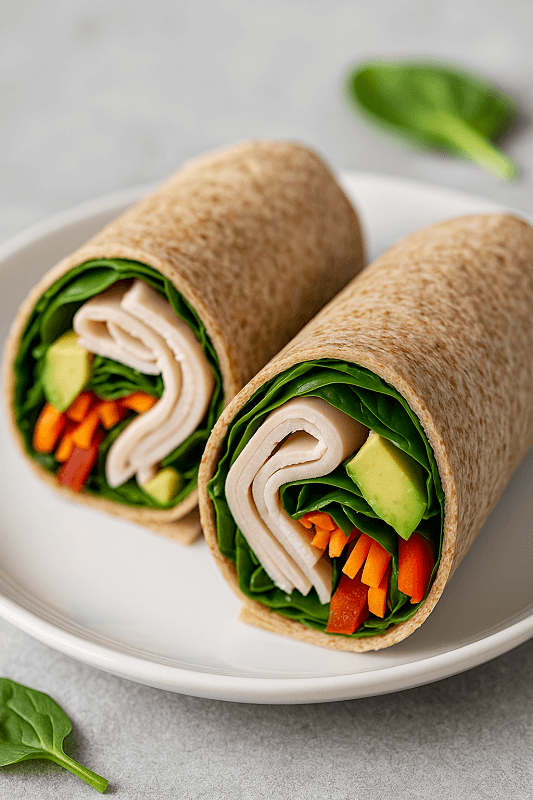 Two neatly rolled turkey veggie wraps in whole wheat tortillas on a white plate, filled with sliced turkey, fresh spinach, avocado, shredded carrots, and red bell peppers, presented in a clean, bright setting.